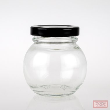 125ml Ball Shaped Clear Glass Food Jar with 48mm Black Twist Cap