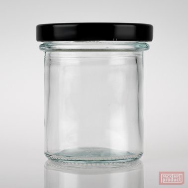 110ml Round Clear Glass Straight Sided Food Jar with 63mm Black Twist Cap