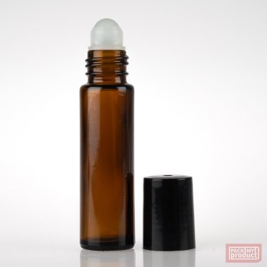 10ml Amber Glass Roll-on Bottle with Glass Ball and Black Cap