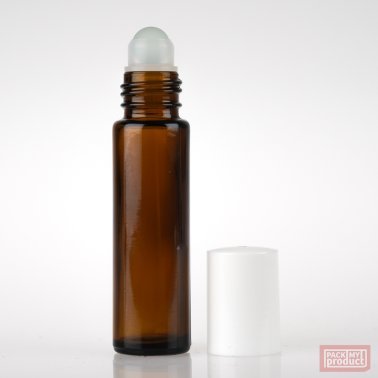 10ml Amber Glass Roll-on Bottle with Glass Ball and White Cap
