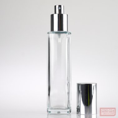 100ml Tall Clear Glass Square Bottle with Shiny Silver Atomiser and Shiny Silver Overcap