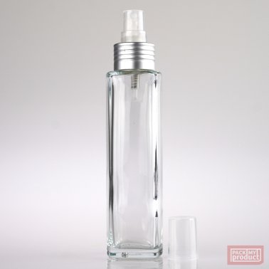 100ml Tall Clear Glass Square Bottle with Matt Silver Atomiser and Clear Overcap