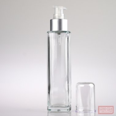 100ml Tall Clear Glass Square Bottle with Matt Silver Lotion Pump and Clear Overcap