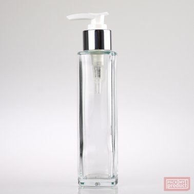 100ml Tall Clear Glass Square Bottle with Shiny Silver Locking Lotion Pump