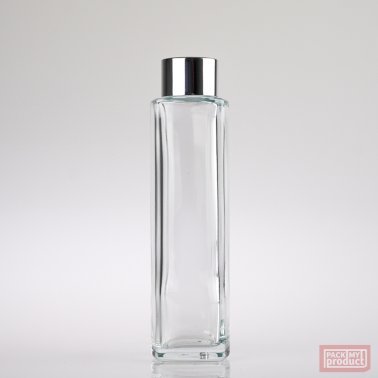 100ml Tall Clear Glass Square Bottle with Shiny Silver Wadded Cap