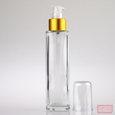 100ml Tall Clear Glass Square Bottle with Matt Gold Lotion Pump and Clear Overcap
