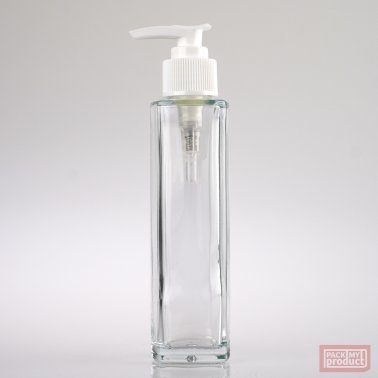 100ml Tall Clear Glass Square Bottle with White Locking Lotion Pump