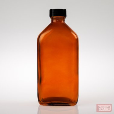 200ml Flat Oval Bottle Amber Coloured Glass with Black Cap