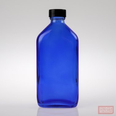 200ml Flat Oval Bottle Cobalt Blue Coloured Glass with Black Cap