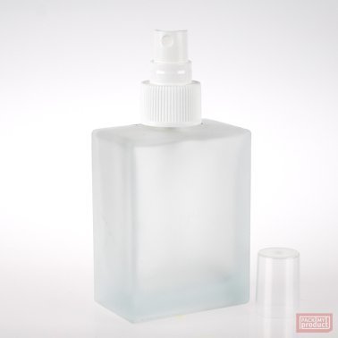 100ml Frosted Glass Rectangular Bottle with White Atomiser and Clear Overcap