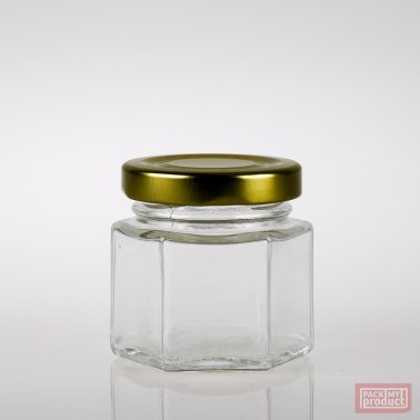 60ml Hexagonal Clear Glass Food Jar with 48mm Gold Twist Cap