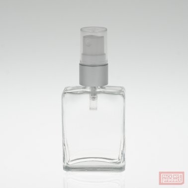 30ml Clear Glass Rectangular Perfume Bottle and Matt Silver Atomiser with Clear Overcap