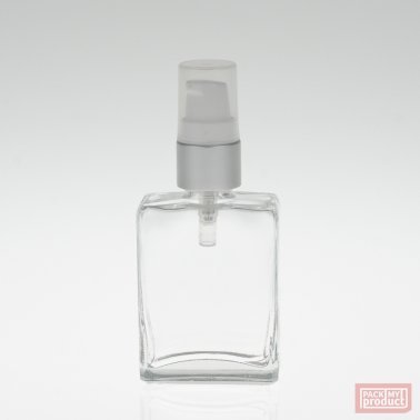 30ml Clear Glass Rectangular Perfume Bottle and Matt Silver Serum Pump with Clear Overcap