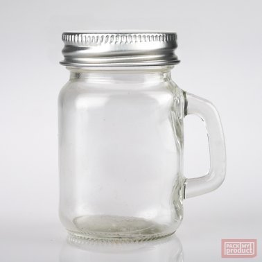 4oz / 120ml Clear Glass Mini Mason Jar with Handle & Silver Plastisol Screw Cap