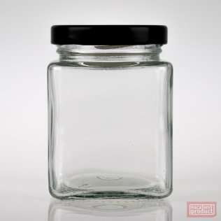 200ml Square Clear Glass Food Jar with 58mm Black Twist Cap