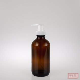 250ml Amber Glass Boston Bottle with White Lotion Pump