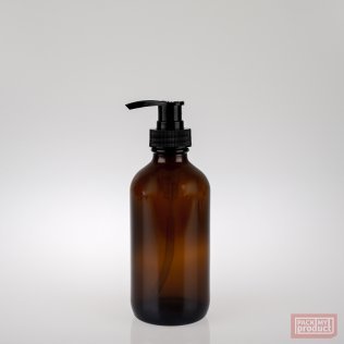 250ml Amber Glass Boston Bottle with Black Lotion Pump
