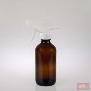 250ml Amber Glass Boston Bottle with White Trigger Spray