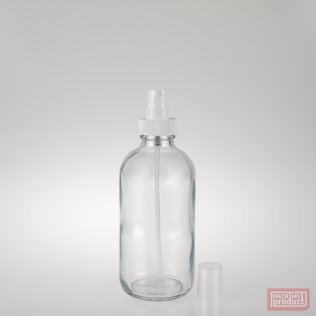 250ml Clear Glass Boston Bottle with White Atomiser