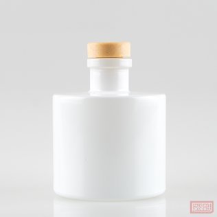 200ml Heavy Round Gloss White Coloured Glass Bottle with Natural Stopper.
