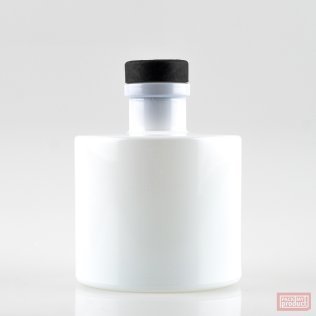 200ml Heavy Round Gloss White Coloured Glass Bottle with Black Stopper.