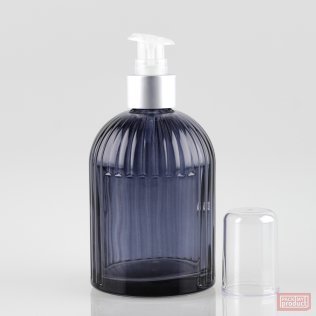 250ml "St Mary's" Ribbed Bottle with Panel Clear Black Glass and Matt Silver Lotion Pump with Clear Overcap