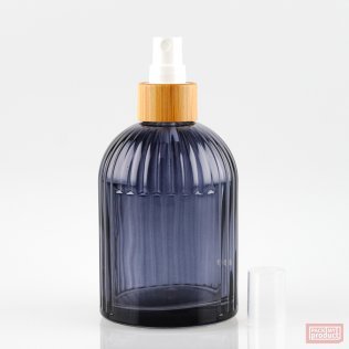 250ml "St Mary's" Ribbed Bottle with Panel Clear Black Glass and Bamboo Atomiser with Clear Overcap