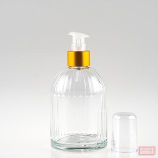 250ml "St Mary's" Ribbed Bottle with Panel Clear Glass and Matt Gold Lotion Pump with Clear Overcap