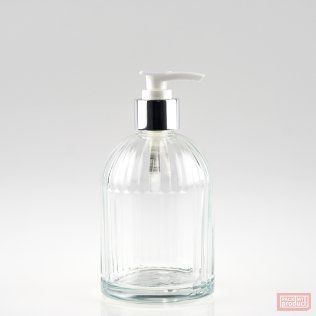 250ml "St Mary's" Ribbed Bottle with Panel Clear Glass and Shiny Silver Locking Lotion Pump