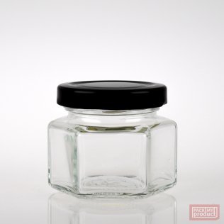100ml Squat Hexagonal Clear Glass Food Jar with 53mm Black Twist Cap
