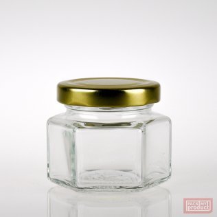 100ml Squat Hexagonal Clear Glass Food Jar with 53mm Gold Twist Cap