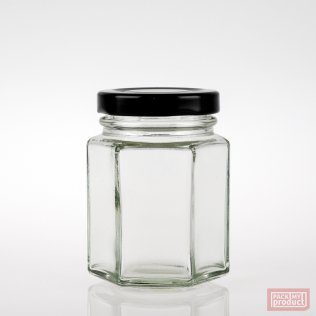 110ml Hexagonal Clear Glass Food Jar with 48mm Black Twist Cap