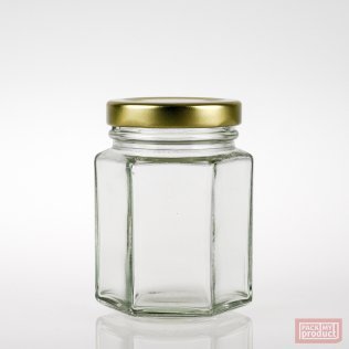 110ml Hexagonal Clear Glass Food Jar with 48mm Gold Twist Cap