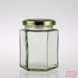 190ml Hexagonal Clear Glass Food Jar with 58mm Gold Twist Cap
