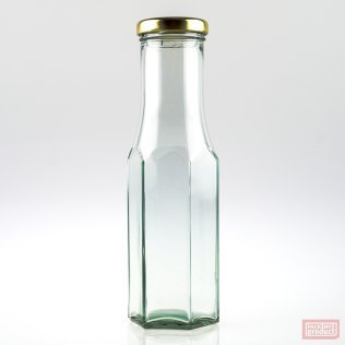 250ml Hexagonal Clear Glass Sauce Bottle with 43mm Gold Twist Cap