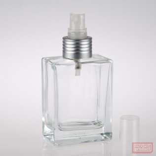100ml Clear Glass Rectangular Bottle with Matt Silver Atomiser and Clear Overcap