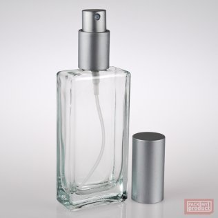 50ml Clear Rectangular Bottle with Matt Silver Atomiser & Overcap