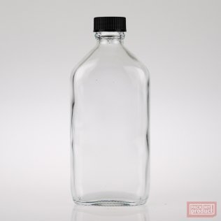 200ml Flat Oval Clear Glass bottle with a Black Cap
