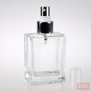 100ml Clear Glass Rectangular Bottle with Shiny Silver Atomiser and Clear Overcap