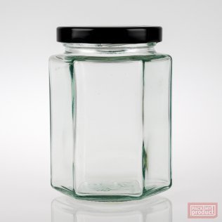 300ml Hexagonal Clear Glass Food Jar with 63mm Black Twist Cap