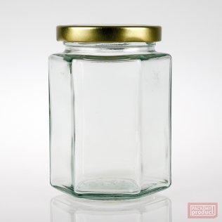 300ml Hexagonal Clear Glass Food Jar with 63mm Gold Twist Cap