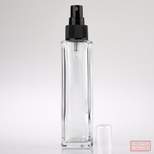 100ml Tall Clear Glass Square Bottle with Black Atomiser and Clear Overlap