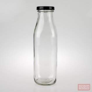 550ml Clear Glass Multi Serve Bottle with 48mm Black Twist Cap - Rounded Square Bottle
