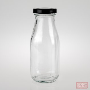 300ml Clear Glass Multi Serve Bottle with 48mm Black Twist Cap - Rounded Square Bottle