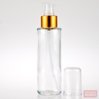 100ml Tall Clear Glass Round Bottle with Matt Gold Lotion Pump and Clear Overcap