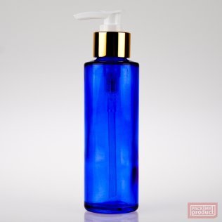 100ml Tall Blue Glass Round Bottle with Shiny Gold Locking Lotion Pump