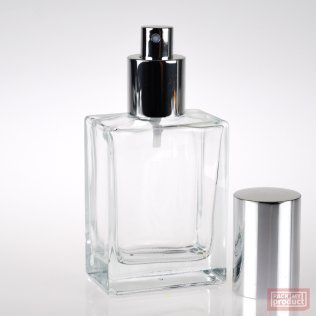 100ml Clear Glass Rectangular Bottle with Shiny Silver Atomiser and Shiny Silver Overcap