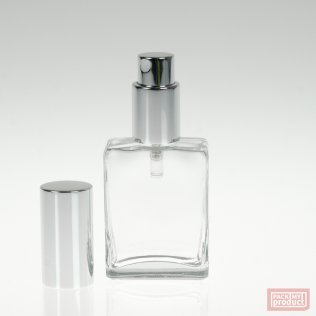 30ml Clear Glass Rectangular Perfume Bottle and Shiny Silver Atomiser with Shiny Silver Overcap