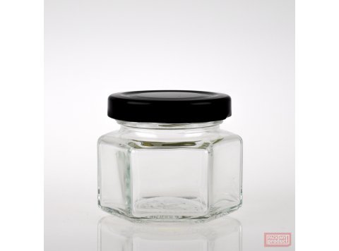 100ml Squat Hexagonal Clear Glass Food Jar with 53mm Black Twist Cap