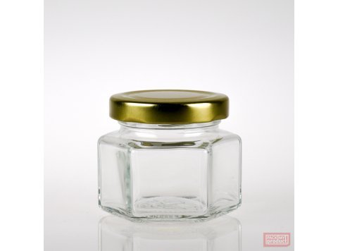 100ml Squat Hexagonal Clear Glass Food Jar with 53mm Gold Twist Cap